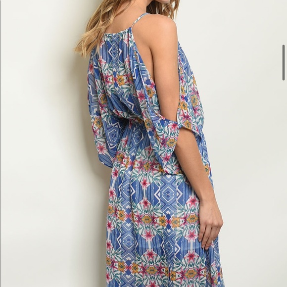 —SALE— Blue Floral Cold Shoulder Midi Tunic Dress Sizes Small & Large - Picture 6 of 7